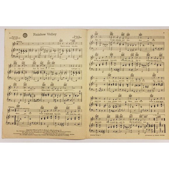Sheet Music- Rainbow Valley- By Joe Burke & Edgar Leslie 1939 - Picture 3 of 4